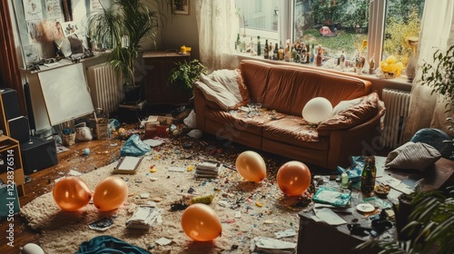 Aftermath of a wild party: Messy living room with balloons, confetti, and empty bottles.