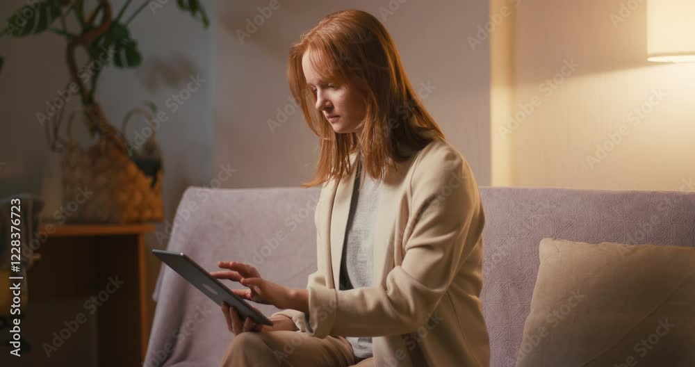 Busy redhead woman types on tablet sitting on cozy sofa