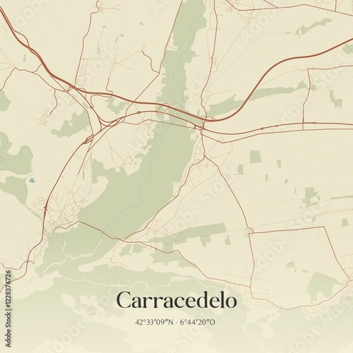 Retro Spanish map of Carracedelo, Castilla y Le�n. Vintage street map.