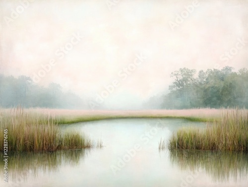 Experience the serenity of a marshland at dawn, with horizon light blending with a soft glow, ethereal and peaceful Gentle mists rise above still waters, reflecting the pale sky This calming scene photo