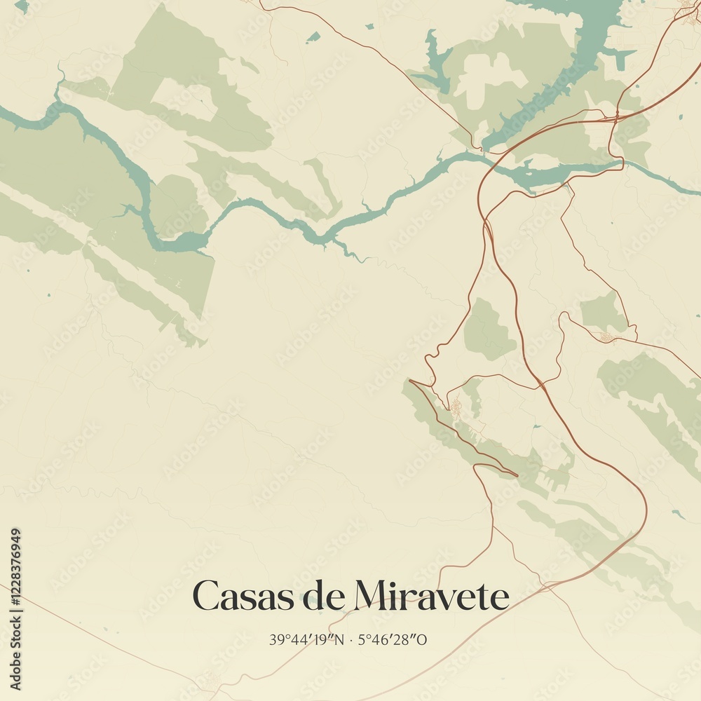 Fototapeta premium Retro Spanish map of Casas de Miravete, Extremadura. Vintage street map.