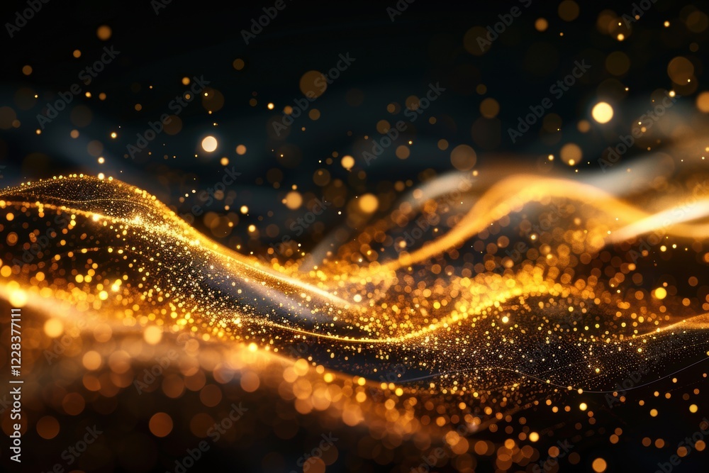 Elegant Flowing Golden Waves with Glowing Particles on a Dark Background, Abstract Futuristic Texture and Luxury Artistic Design Elegant Flowing Golden Waves with Glowing Particles on a Dark Background, Abstract Futuristic Texture and Luxury Artistic Design