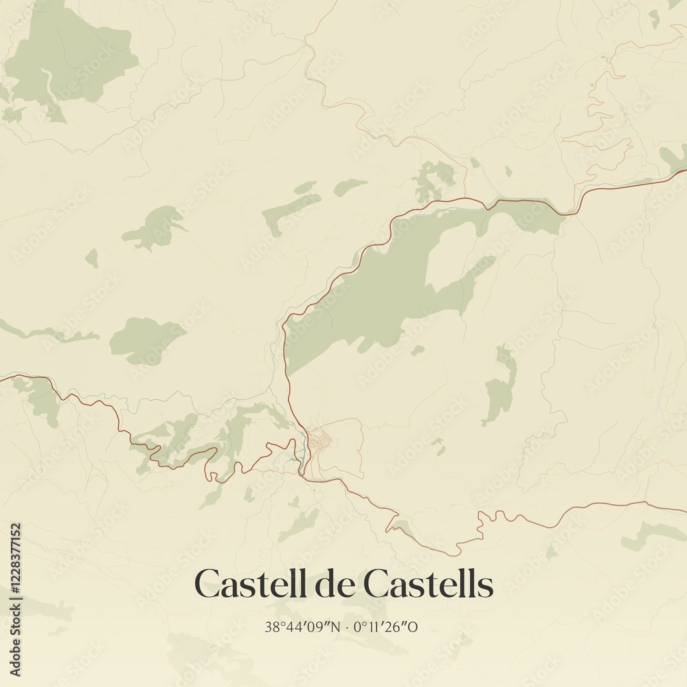 Fototapeta premium Retro Spanish map of Castell de Castells, Comunidad Valenciana. Vintage street map.