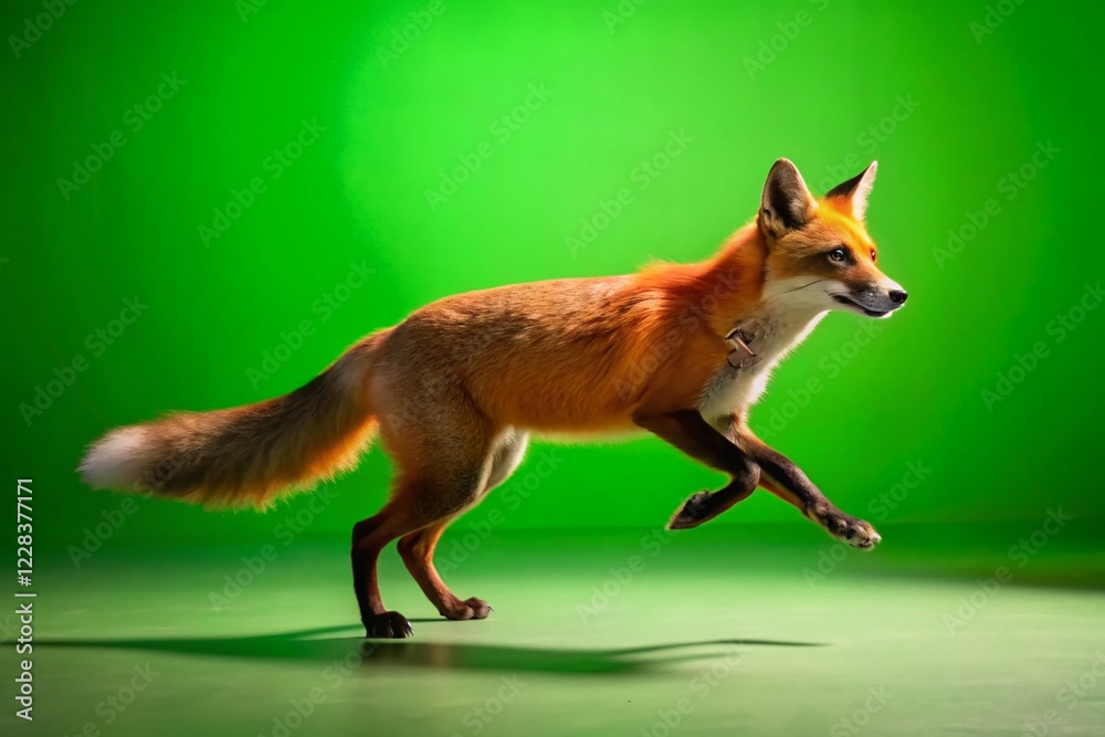 Fototapeta premium Top View Silhouette Running Fox, Green Screen, Chroma Key, Wildlife, Animal, Nature