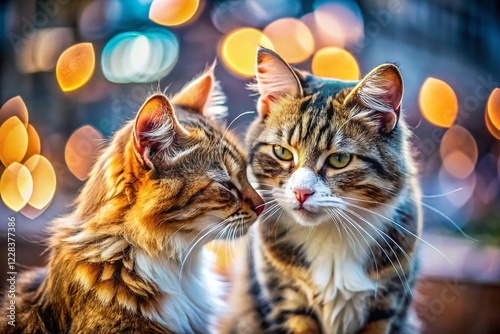 Touching Homeless Cats Cleaning Each Other, Bokeh Background, Street Animals, Feral Cats, Affectionate