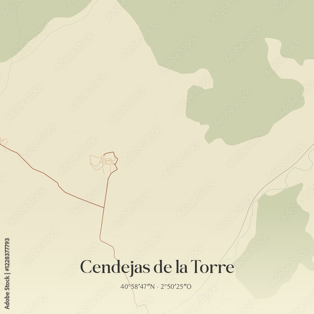 Fototapeta premium Retro Spanish map of Cendejas de la Torre, Castilla-La Mancha. Vintage street map.