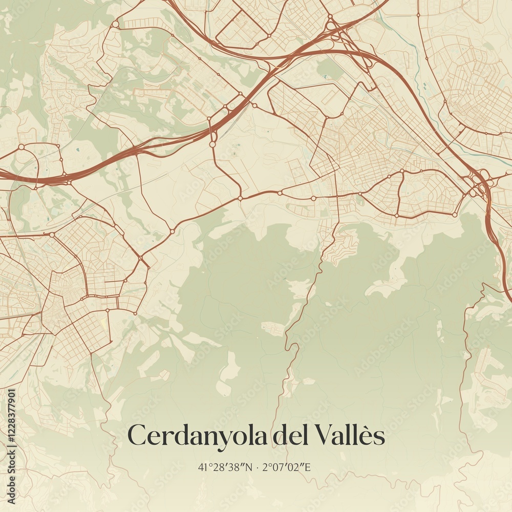 Fototapeta premium Retro Spanish map of Cerdanyola del Vall�s, Catalu�a. Vintage street map.