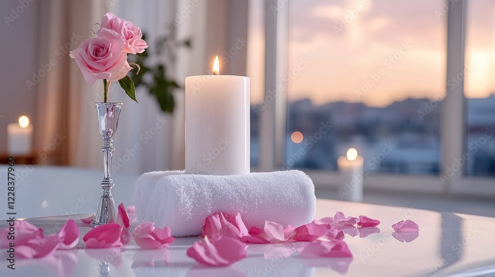 Indulge in tranquility with this captivating image of a candlelit bathtub filled with flower petals, exuding relaxation and comfort The soft glow of the candle creates a warm and inviting atmosphere Indulge in tranquility with this captivating image of a candlelit bathtub filled with flower petals, exuding relaxation and comfort The soft glow of the candle creates a warm and inviting atmosphere