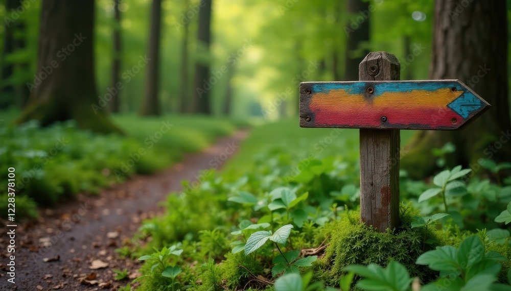 Hand-painted wooden signpost beside overgrown trail, moss-covered , wayfinding, background, marker Hand-painted wooden signpost beside overgrown trail, moss-covered , wayfinding, background, marker
