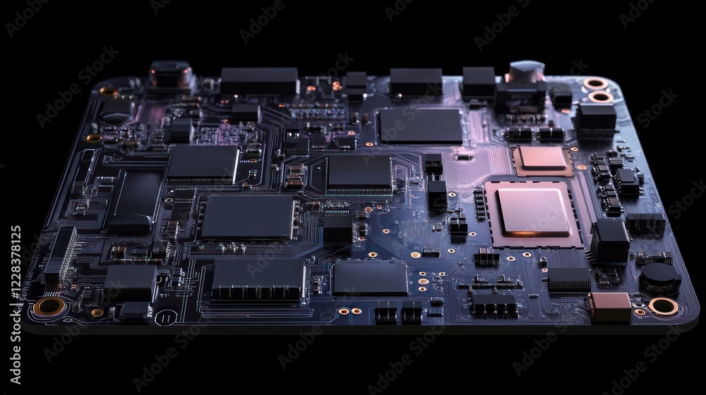 Advanced Circuit Board: A 3D Render of High-Tech Motherboard Components Advanced Circuit Board: A 3D Render of High-Tech Motherboard Components