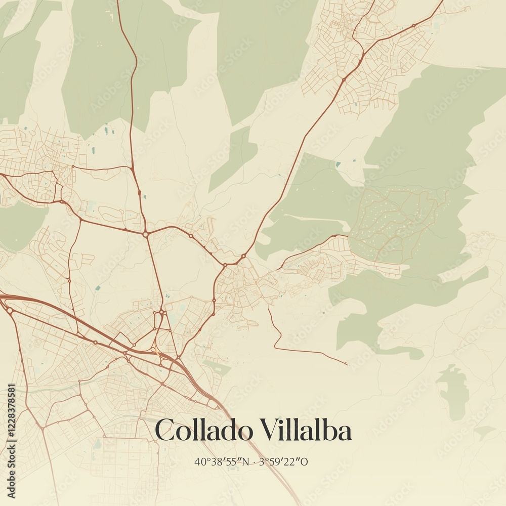 Fototapeta premium Retro Spanish map of Collado Villalba, Comunidad de Madrid. Vintage street map.