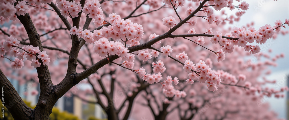 Obraz premium Blossoming cherry trees in vibrant pink shades convey beauty and renewal during springtime, creating a picturesque scene filled with delicate flowers