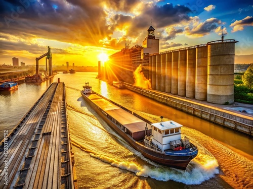 Tugboat & Barges at Grain Dock, East St. Louis, Illinois - Industrial River Scene photo