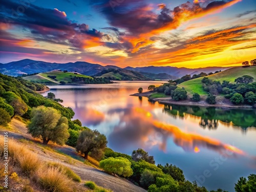 Twilight at Guadalupe Reservoir, Almaden Quicksilver County Park, San Jose, California - Scenic West View photo