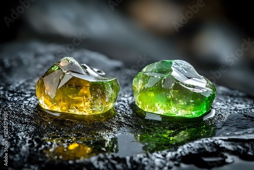 Raw uncut yellow and green gemstones on wet black stone surface with water drops, dramatic lighting creates luxurious jewelry atmosphere. photo