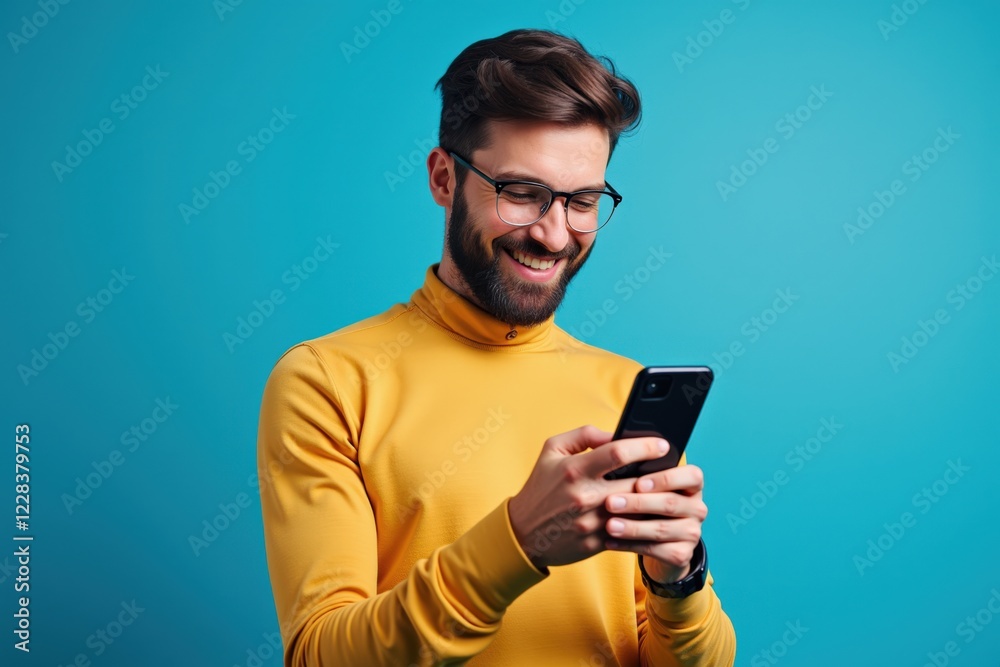 A Young Man with Glasses Smiling While Texting on His Smartphone Against a Bright Blue Background in a Casual Yellow Turtleneck Sweater A Young Man with Glasses Smiling While Texting on His Smartphone Against a Bright Blue Background in a Casual Yellow Turtleneck Sweater