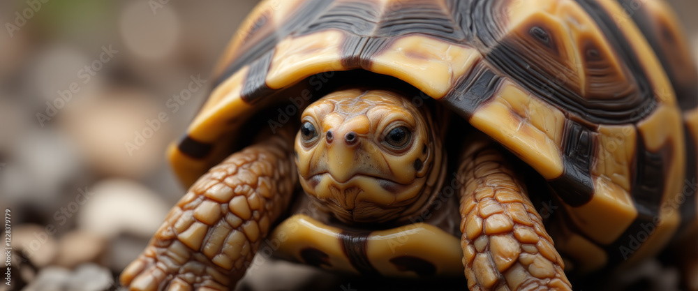 Naklejka premium Tortoise with a curious expression exploring pebbles
