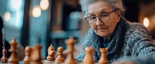 Senior woman playing chess cafe
