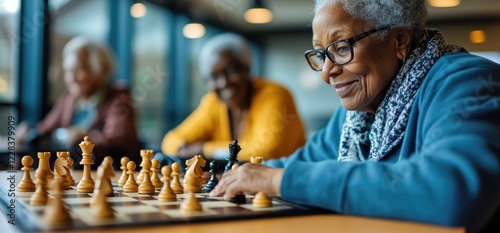 Senior women playing chess; background blurred. Leisure activity for older adults