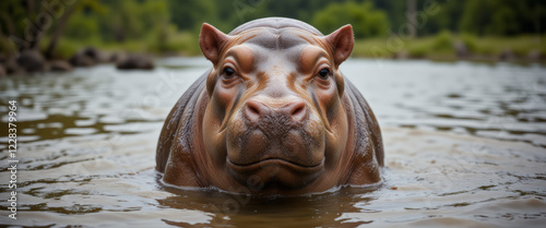 Hippo with a calm expression swimming in a serene environment