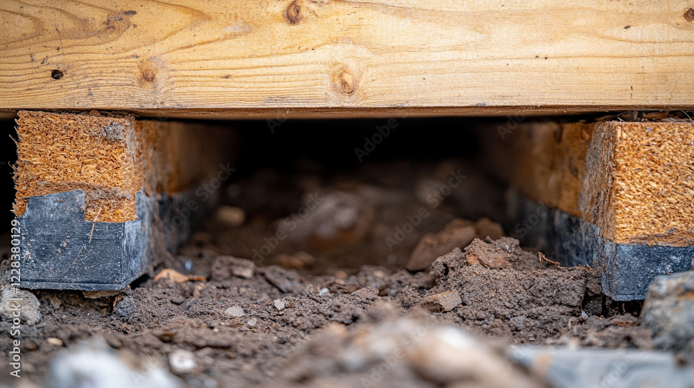 Crawl space with exposed soil and wooden beams showing the need for repair and mold remediation, with modern blurred background and empty caption space on the side Crawl space with exposed soil and wooden beams showing the need for repair and mold remediation, with modern blurred background and empty caption space on the side