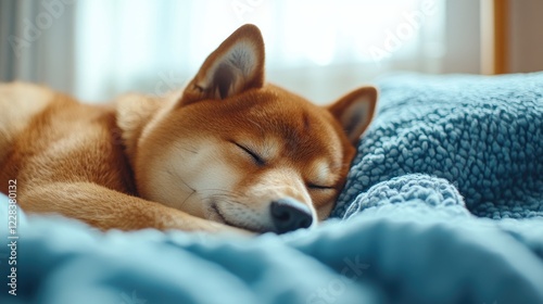 Shiba Inu dog sleeping peacefully on a blue bed, sunlight in background, perfect for pet websites