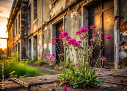 Urban Decay: Lychnis flos-cuculi Wildflowers Blooming Amidst Ruins photo