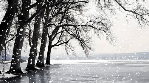 Lake constance in january frozen lake shore lined with bare trees, sparkling snowflakes gently falling from the gray sky. Sparkling Shore. Illustration photo