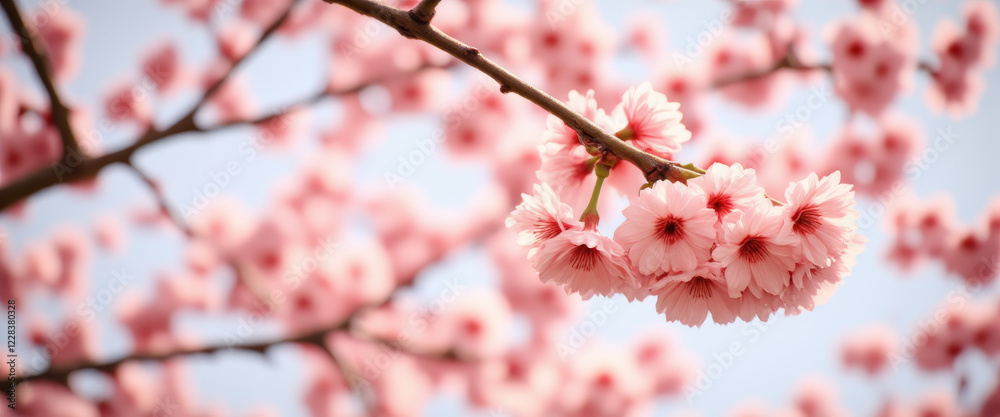 Cherry blossoms in bloom with a serene mood representing beauty against a soft blue background Cherry blossoms in bloom with a serene mood representing beauty against a soft blue background
