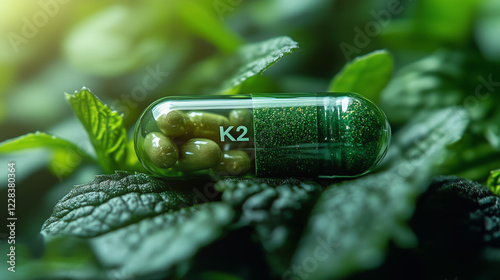 Close-up of a deep green, semi-transparent capsule filled with K2 supplement, displayed on vibrant natural background with soft light reflections. photo