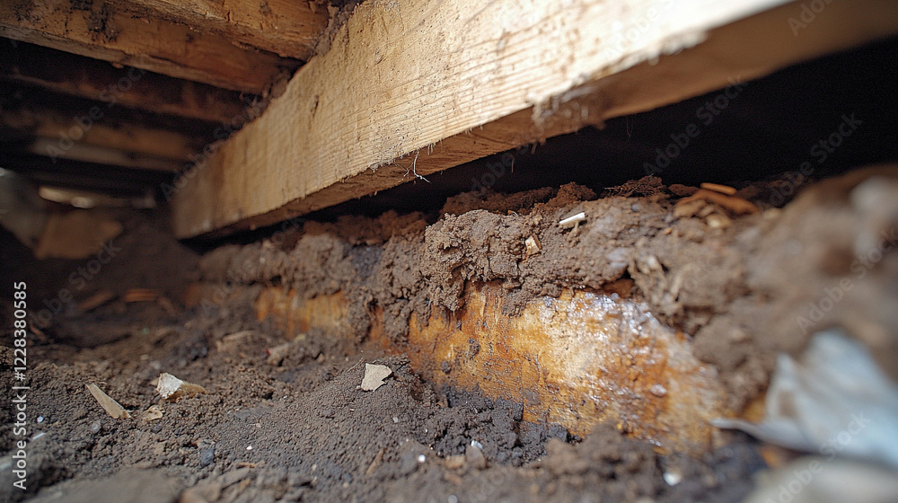 Crawl space with exposed soil and wooden beams showing the need for repair and mold remediation, with modern blurred background and empty caption space on the side Crawl space with exposed soil and wooden beams showing the need for repair and mold remediation, with modern blurred background and empty caption space on the side