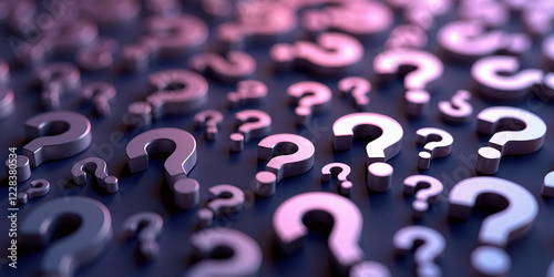 Multiple metallic question marks scattered on a reflective surface with purple lighting.