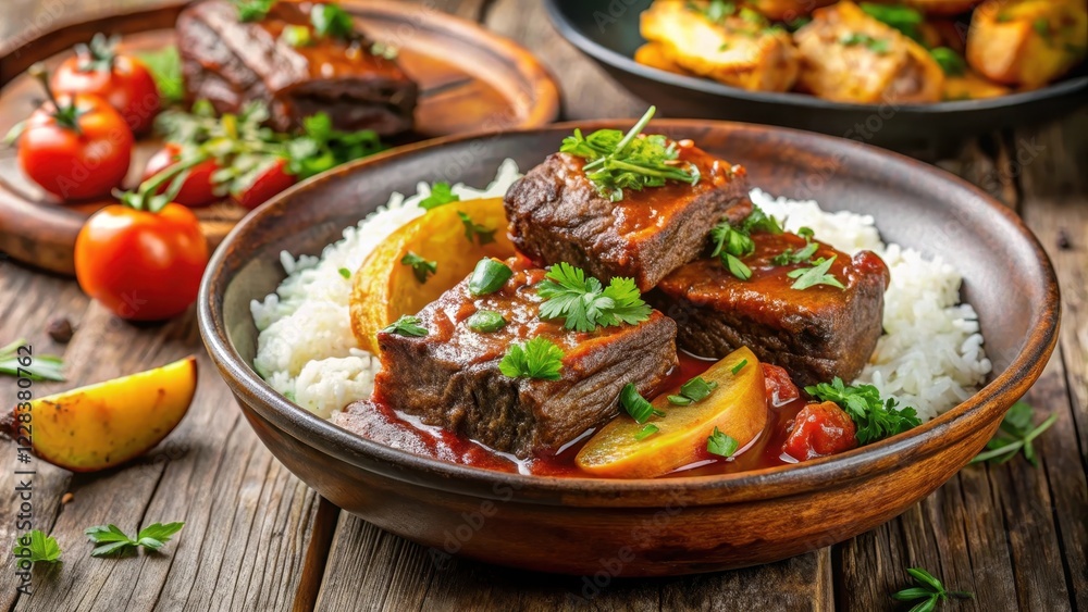 Braised beef short ribs in a rich tomato-based sauce served with steamed rice and roasted plantains , traditional dishes, latin american food Braised beef short ribs in a rich tomato-based sauce served with steamed rice and roasted plantains , traditional dishes, latin american food