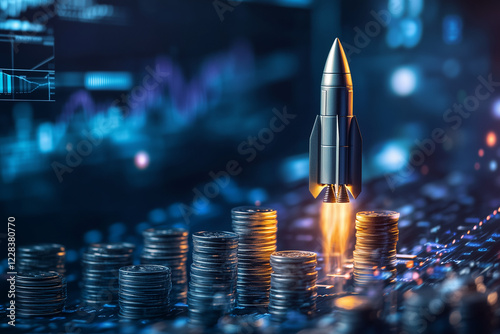 Financial growth concept with a launching rocket symbolizing increased profits photo