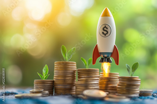 Financial growth concept with a launching rocket symbolizing increased profits photo