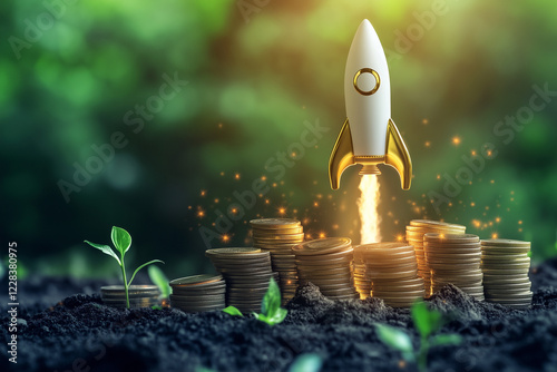Financial growth concept with a launching rocket symbolizing increased profits photo