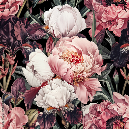 Seamless vector pattern with peony and iris flowers isolated on a changeable background. Vintage painting style illustration.