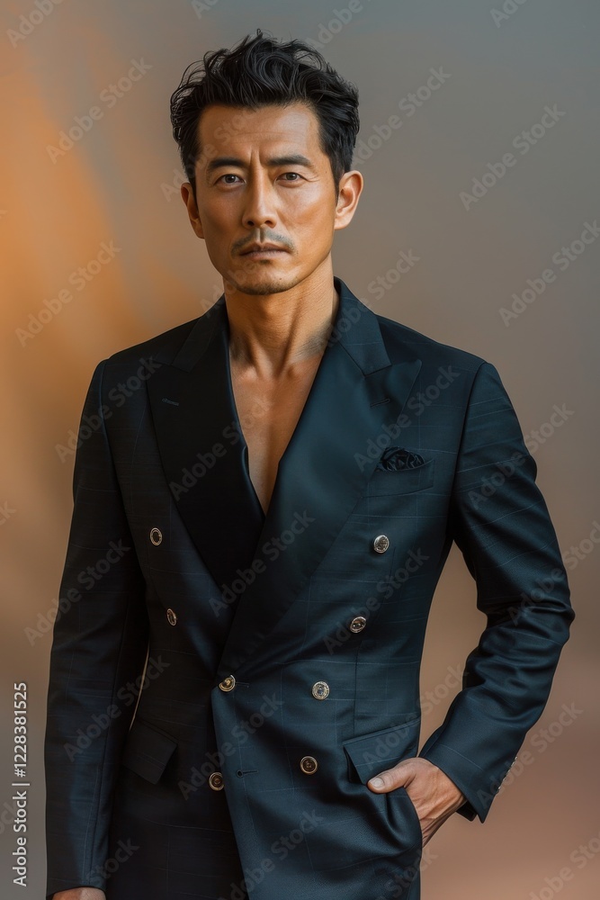 Fototapeta premium Sharp portrait of an Asian man. He's in a classic black double-breasted suit, one hand in pocket. Soft lighting, gradient background highlight the suit's texture and his intense expression.