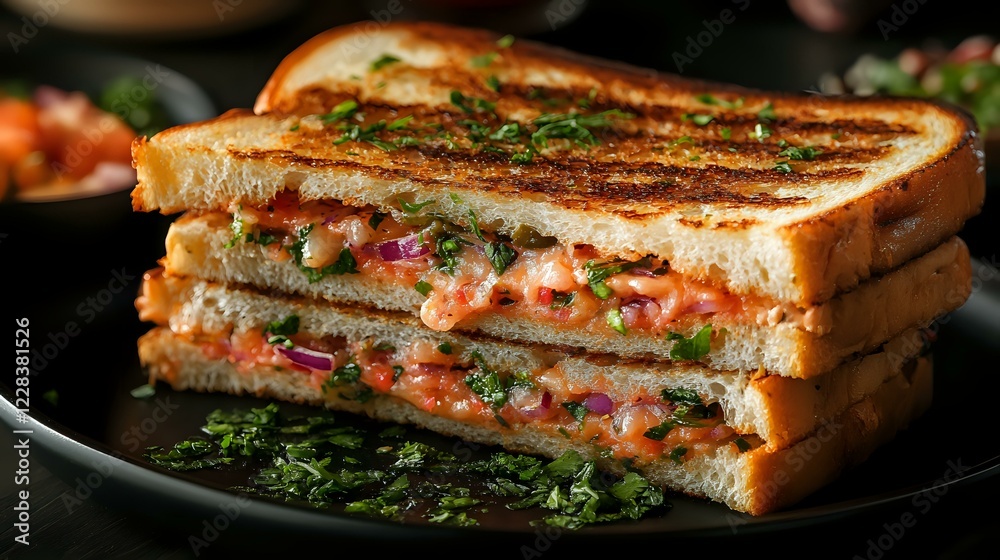 Grilled sandwich with smoked salmon, cream cheese, red onion and fresh herbs on toasted bread, served on black plate with dill garnish. Close up food photography. Grilled sandwich with smoked salmon, cream cheese, red onion and fresh herbs on toasted bread, served on black plate with dill garnish. Close up food photography.