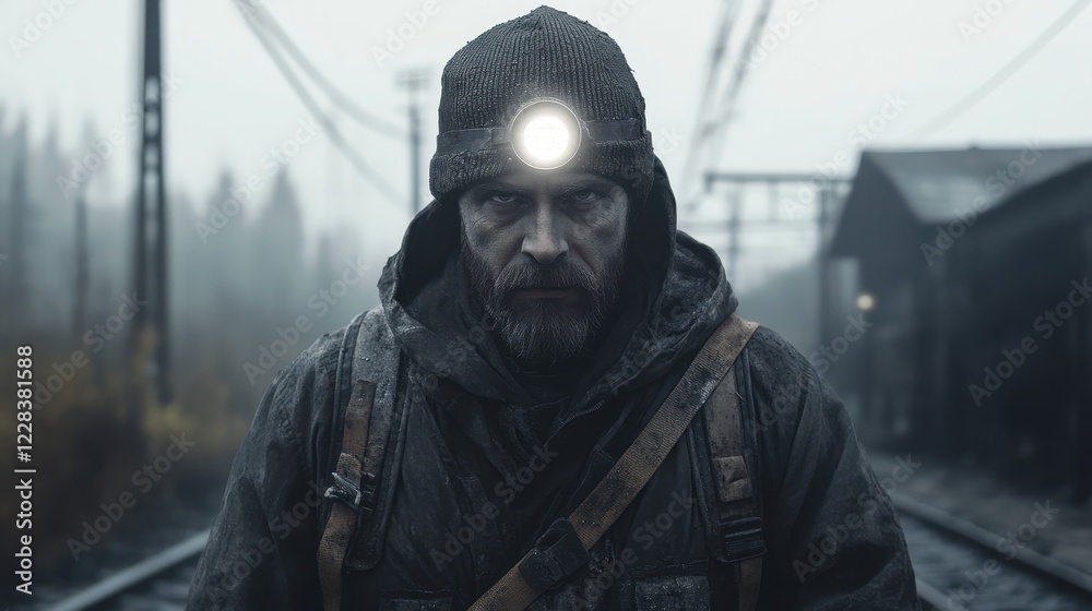 Grizzled man in headlamp beanie, weathered attire. Ideal for survival, thriller, or post-apocalyptic themes. Grizzled man in headlamp beanie, weathered attire. Ideal for survival, thriller, or post-apocalyptic themes.