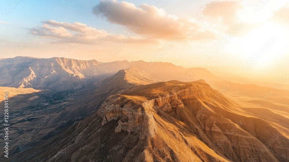 Obraz premium A breathtaking aerial view of rugged mountains at sunset, showcasing golden hues and valleys below
