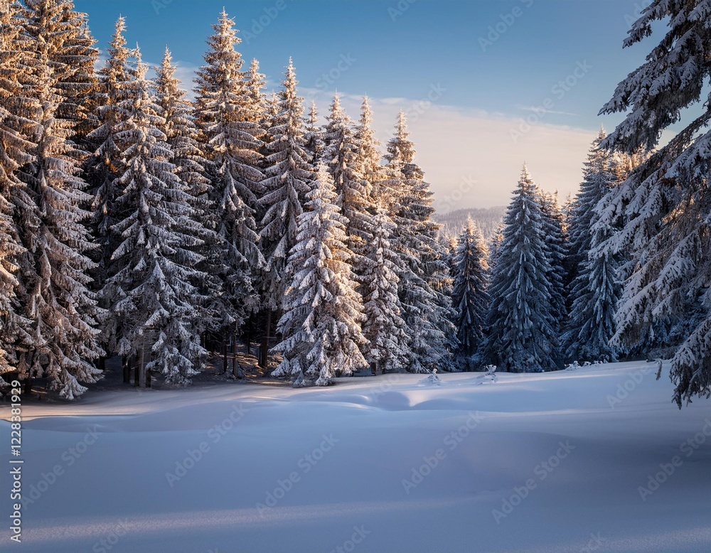 Fototapeta premium A snowy forest landscape with tall pine trees covered in fresh snow under a soft winter morning light.