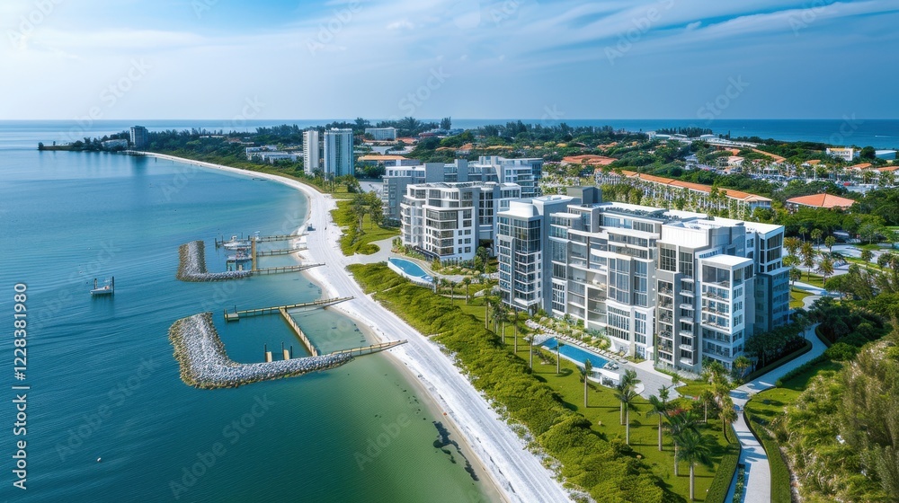 Fototapeta premium Luxury oceanfront condos. Beach access, marina, boardwalk, coastal protection. Architectural masterplan. Seaside living.