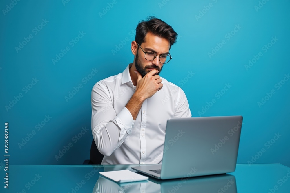 A Thoughtful Young Male Professional Analyzing Data on His Laptop in a Minimalist Office Setting with a Turquoise Background A Thoughtful Young Male Professional Analyzing Data on His Laptop in a Minimalist Office Setting with a Turquoise Background