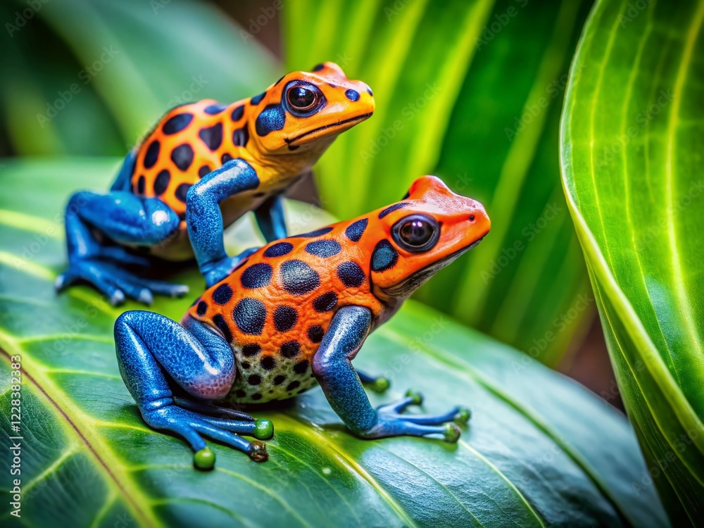 Obraz premium Vibrant Amazon Poison Dart Frogs on Lush Rainforest Leaves - Macro Photography