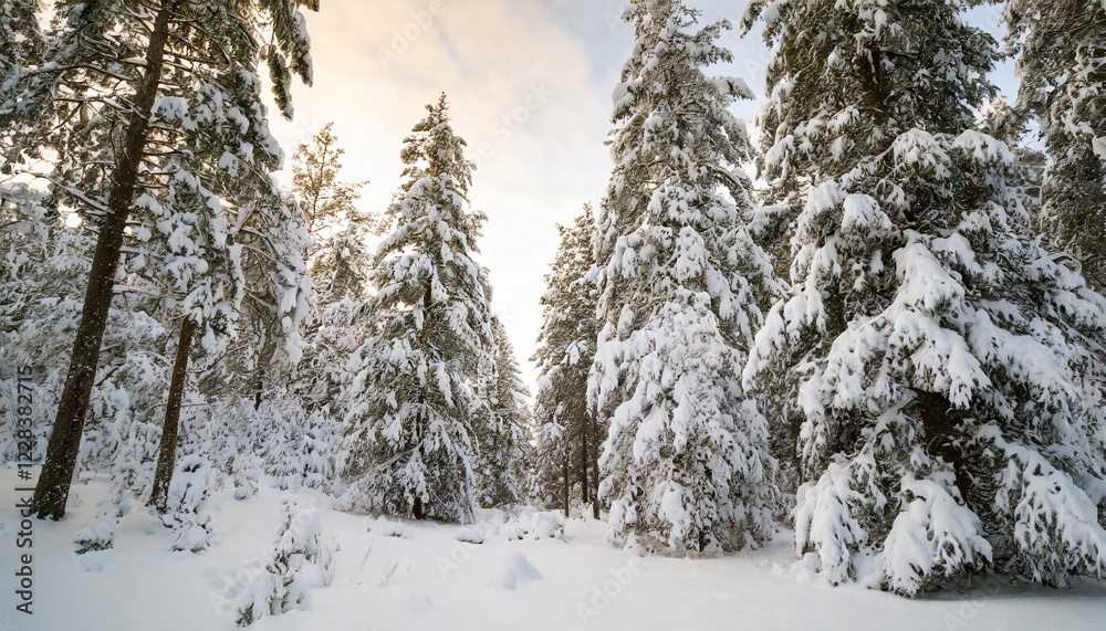 A snowy forest landscape with tall pine trees covered in fresh snow under a soft winter morning light. A snowy forest landscape with tall pine trees covered in fresh snow under a soft winter morning light.