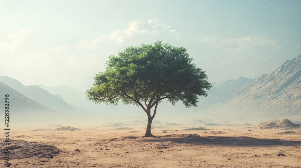 Obraz premium Solitary green tree stands tall in arid desert landscape, framed by distant mountains and clear sky