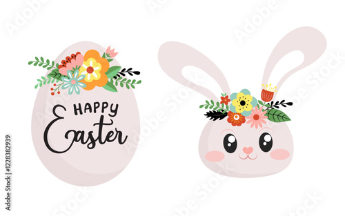 Happy Easter isolated design. Bunny and Egg with flower crowns in pastel colors.