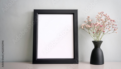 Generated image Mockup of a blank picture frame sitting on the desk with flower vase
