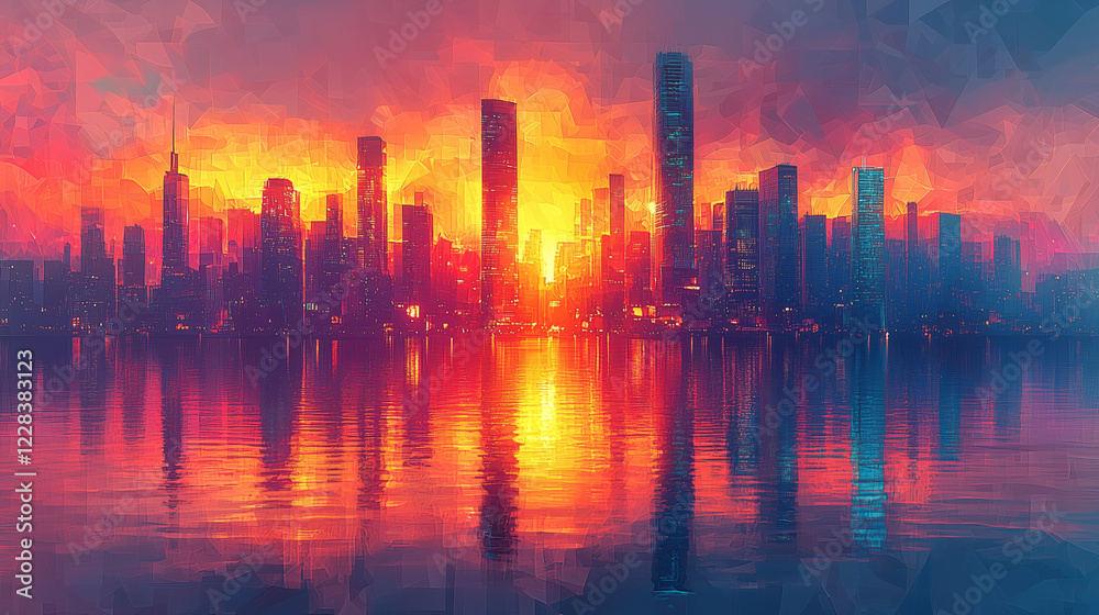 Fototapeta premium Vibrant low-poly city skyline at sunset over water